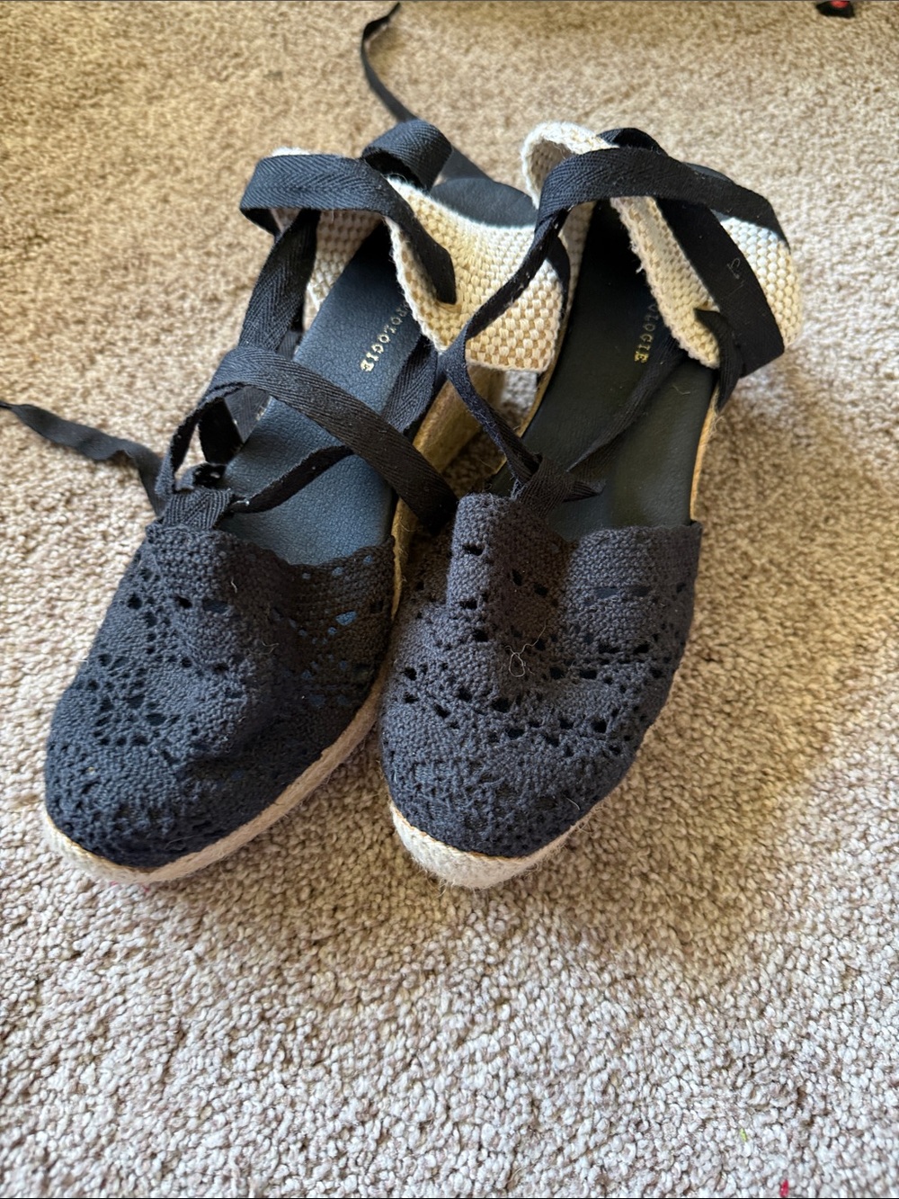 Anthropologie Black Crochet Espadrille Wedge Sandals with Ankle Ties